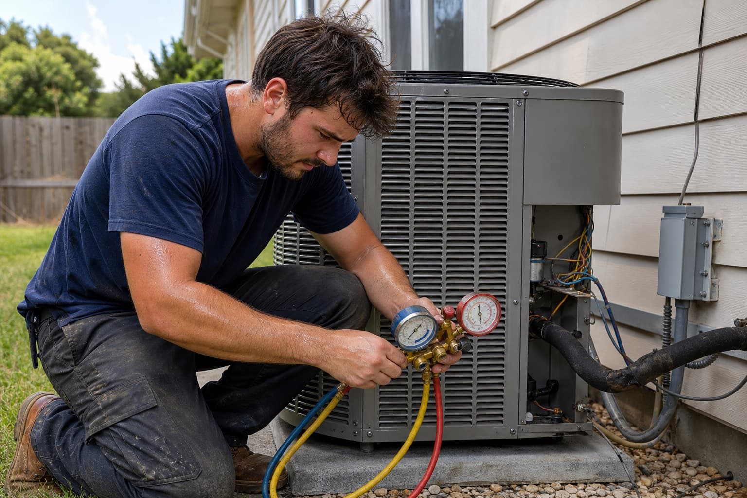 HVAC technician working on an outdoor condenser with gauges in both hands