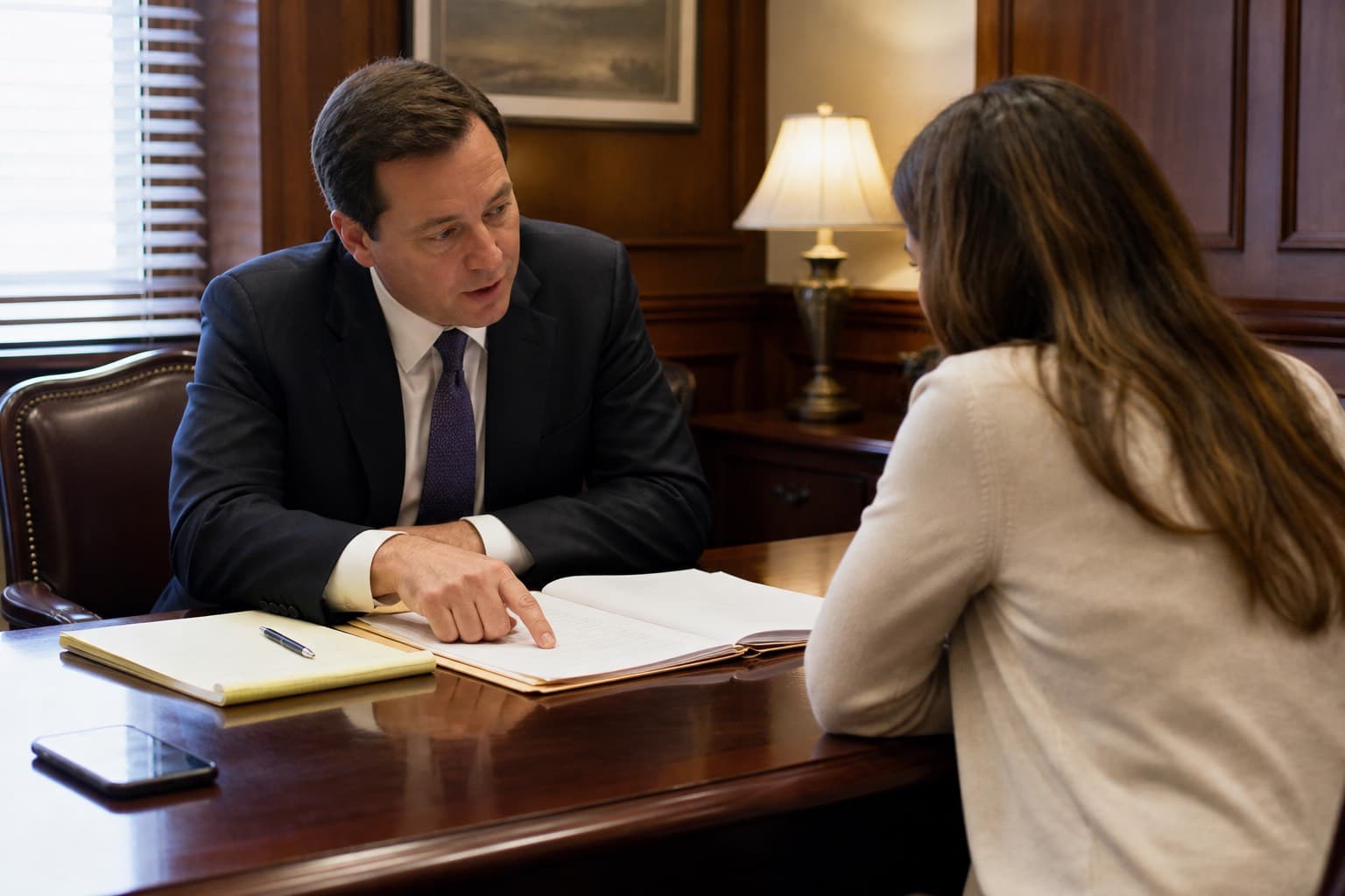 Attorney in a client meeting, focused on documents